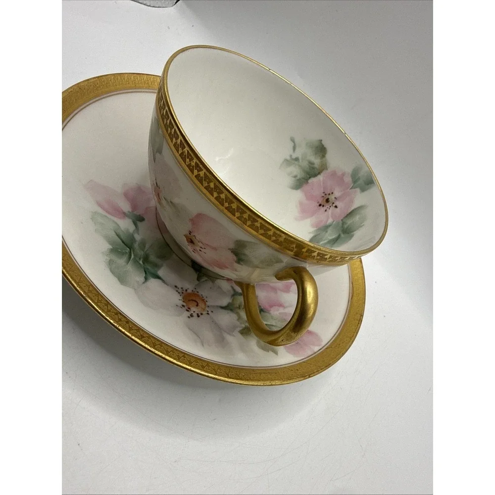 GDA France Limoges Pink Flower Teacup Coffee Cup Saucer Gold Trim Vintage France